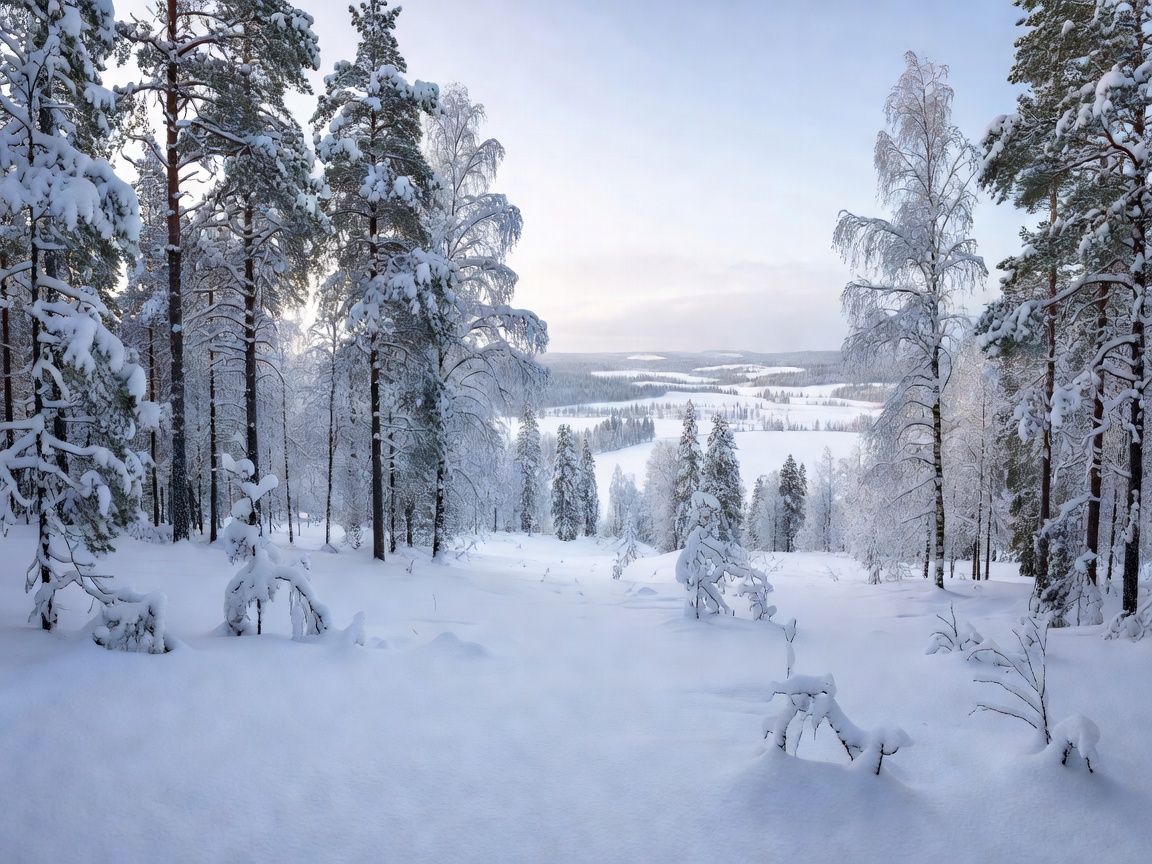 Ensimmäinen lumi peittää metsän ja maiseman