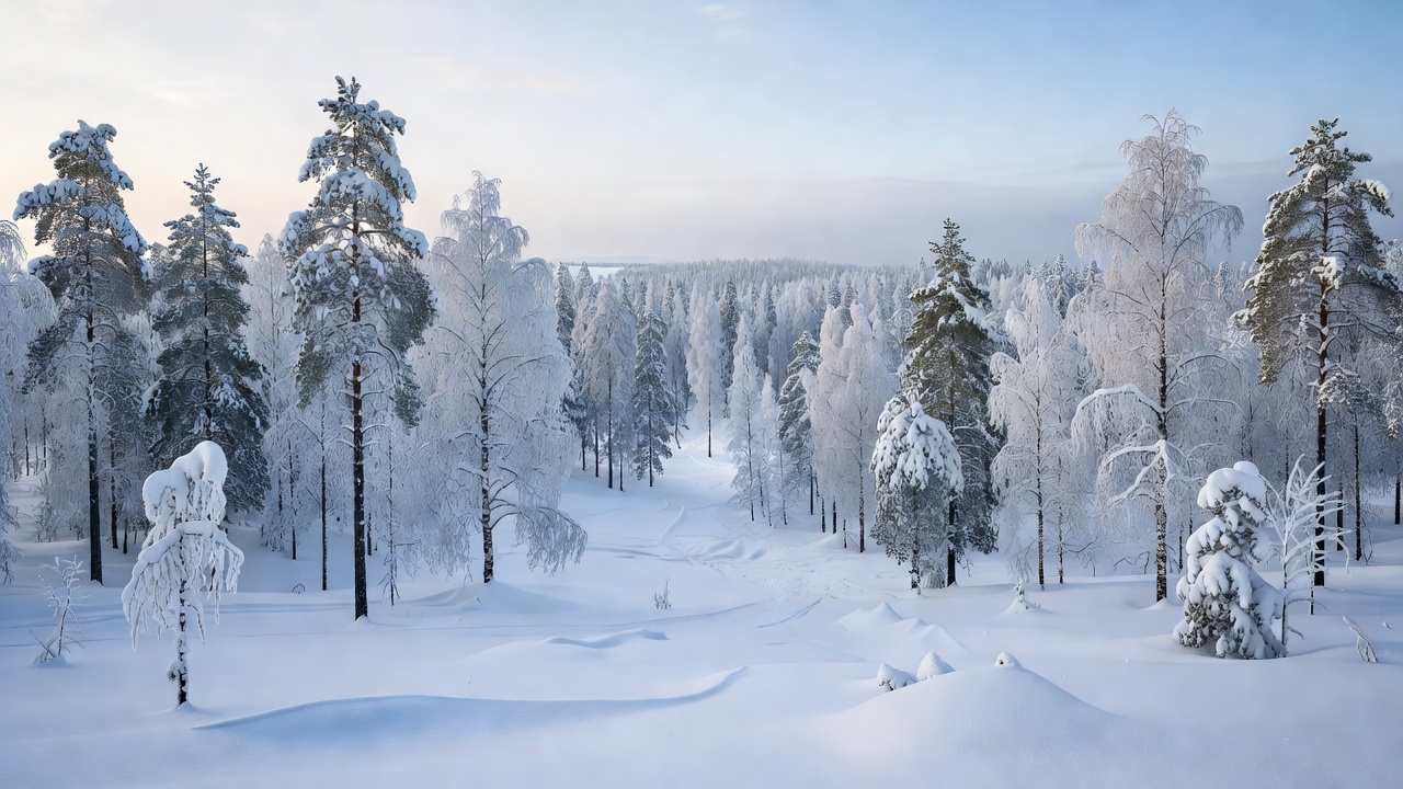 Huurteinen suomalainen talvimaisema ja metsä