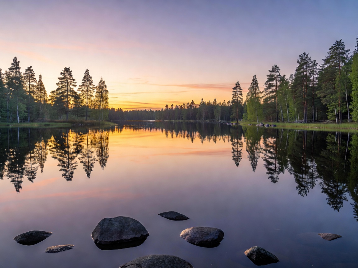 Kesäilta tyynellä suomalaisella järvellä